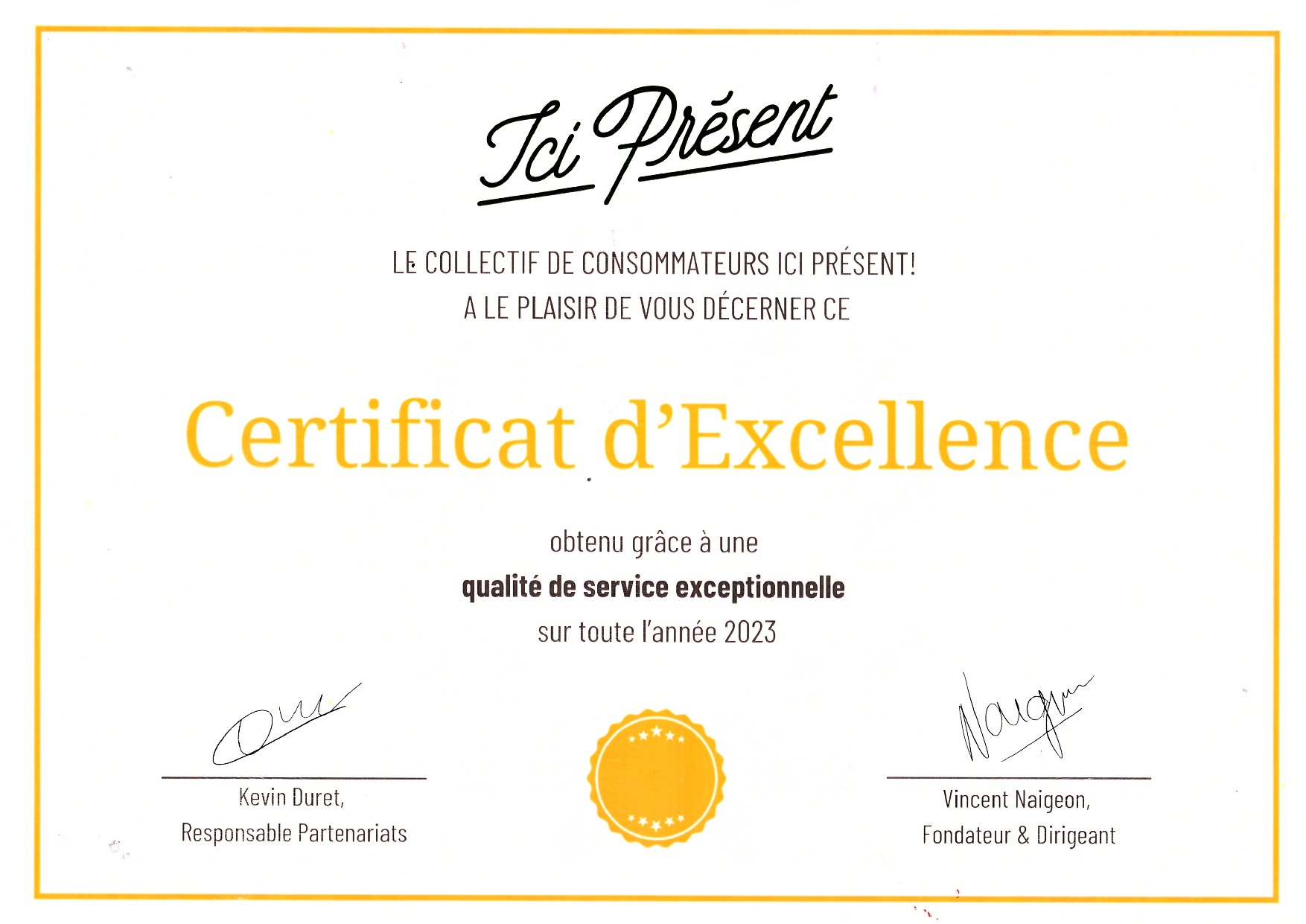 certificat excellence