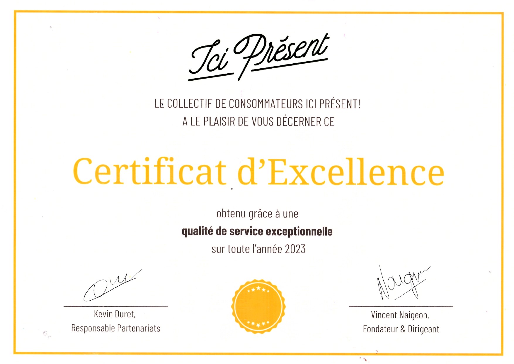 Certificat d'Excellence 2023 Ici Présent